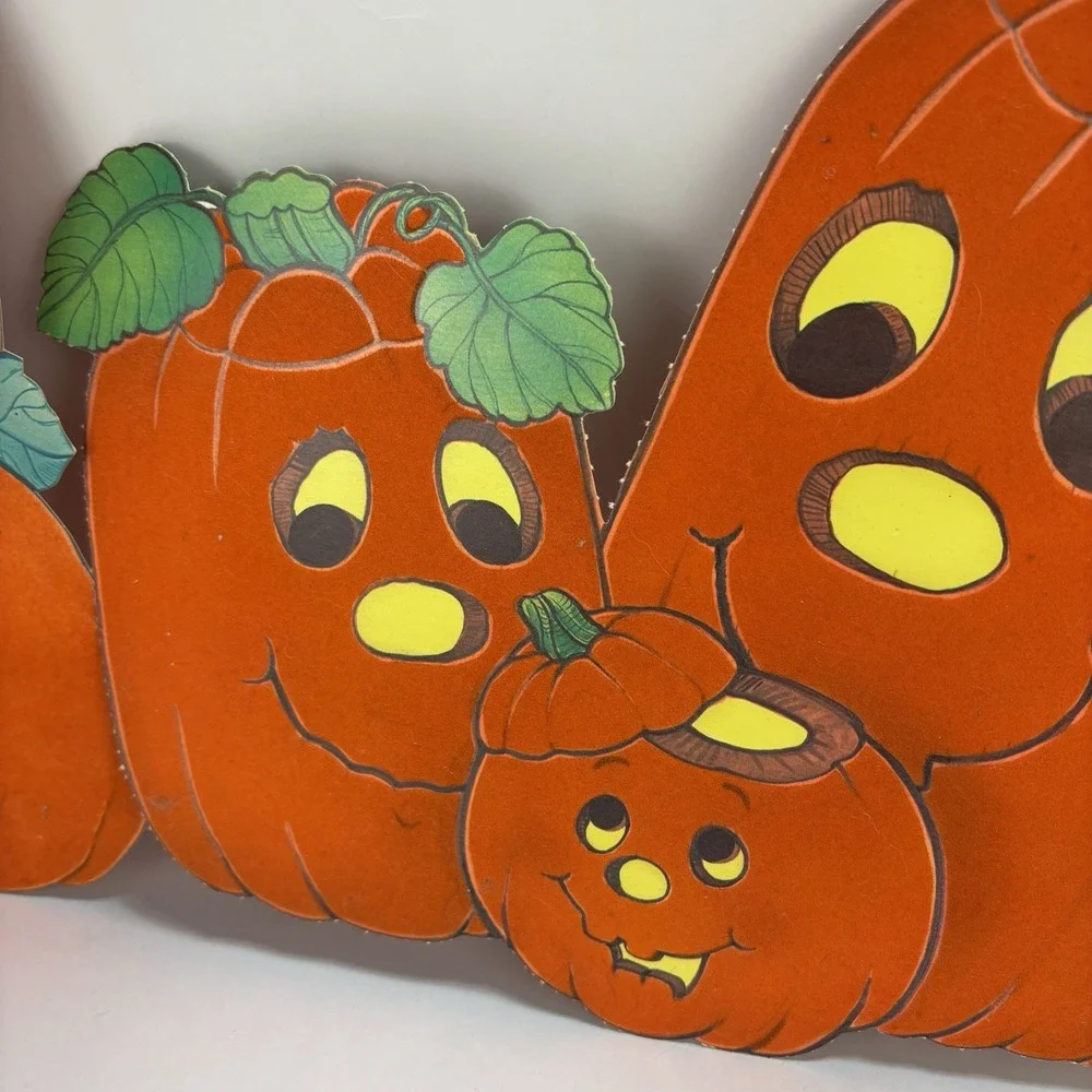 Vintage Flocked Halloween Decorations Pumpkins (2) 1980s Diecut
